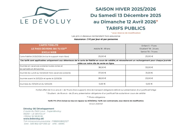 Tarif Hiver 25-26