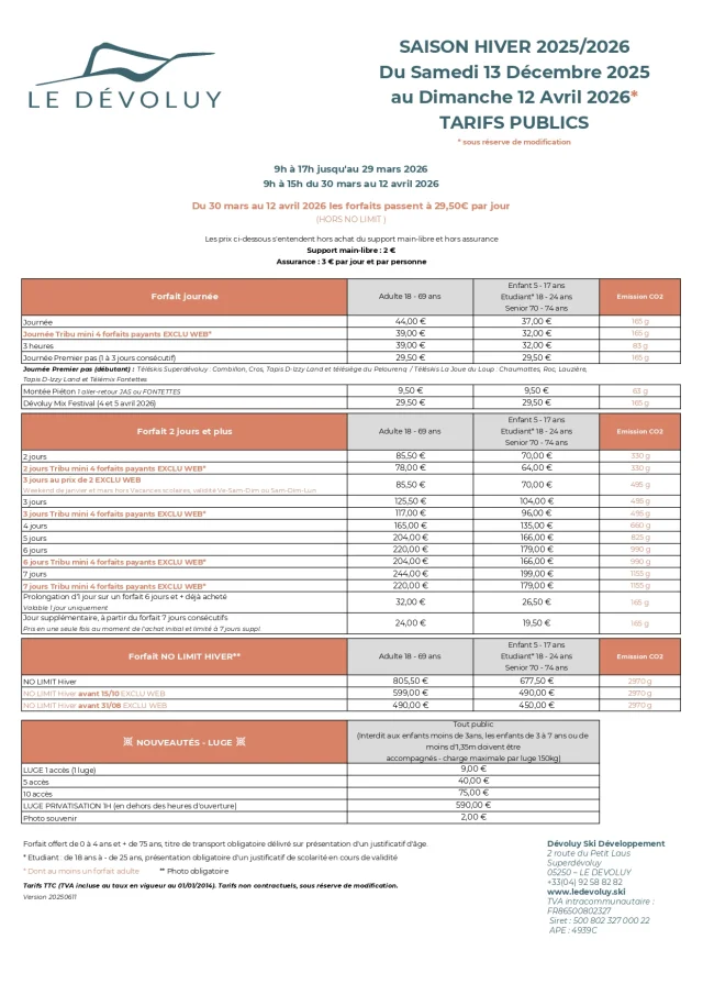 Tarif Hiver 25-26
